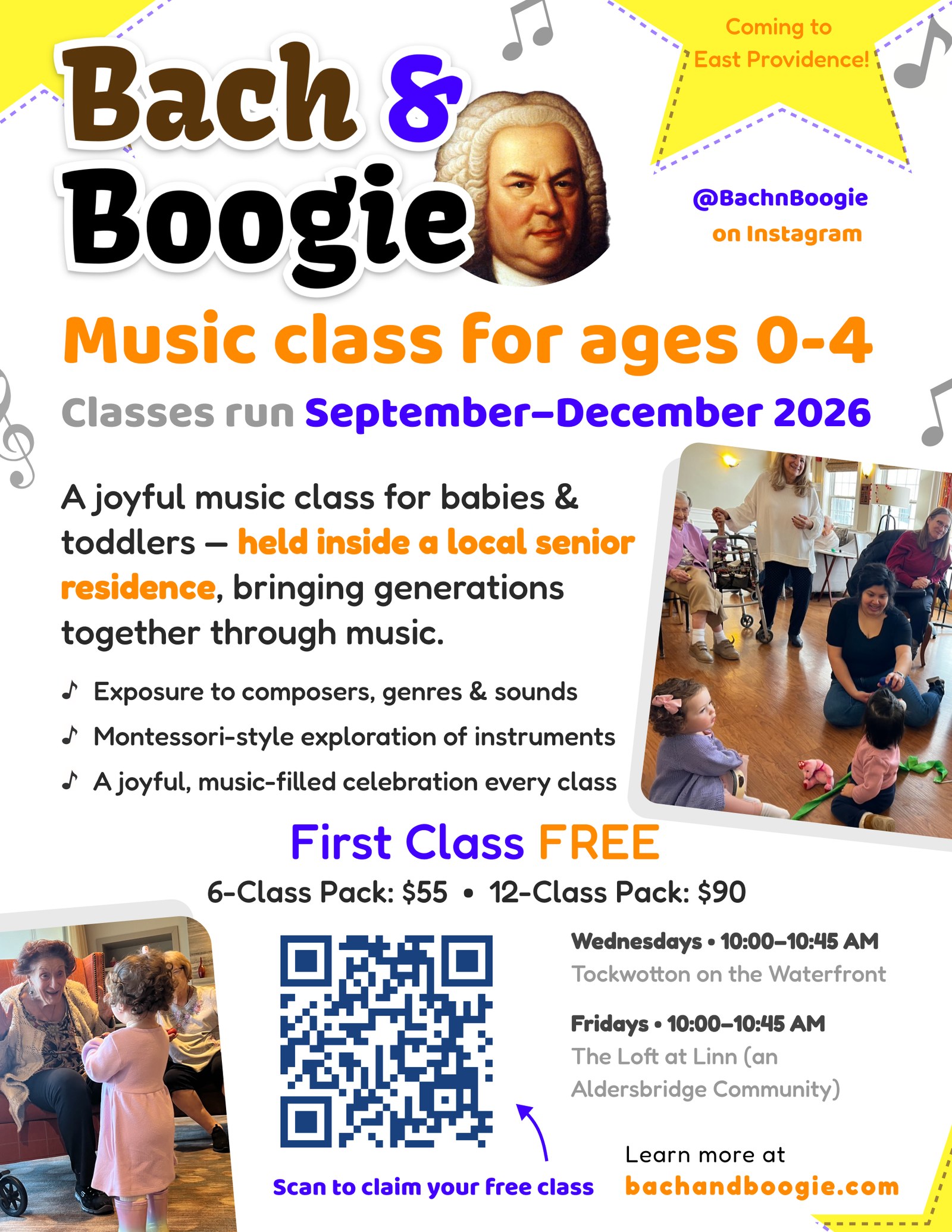 Bach & Boogie Providence Fall 2026 flyer — a joyful music class for babies and toddlers ages 0–4 held with seniors. Wednesdays at Tockwotton on the Waterfront and Fridays at The Loft at Linn. First class free.